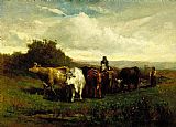 Famous Cattle Paintings - man on horseback, woman on foot driving cattle
